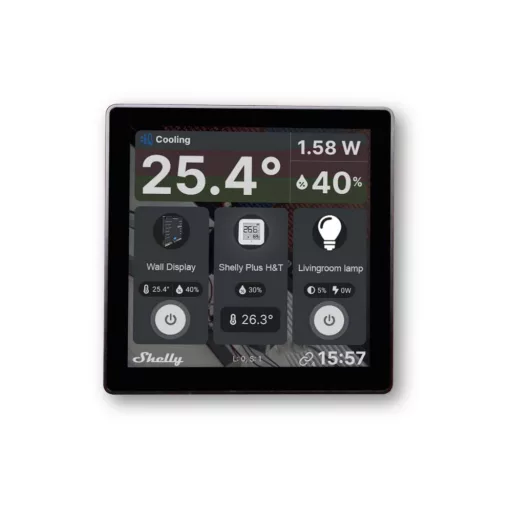 Shelly Wall Display – vezérlőpanel, villanykapcsoló, Wi-Fi, Bluetooth, fekete + Shely BLU H&T hőmérő és pára érzékelő