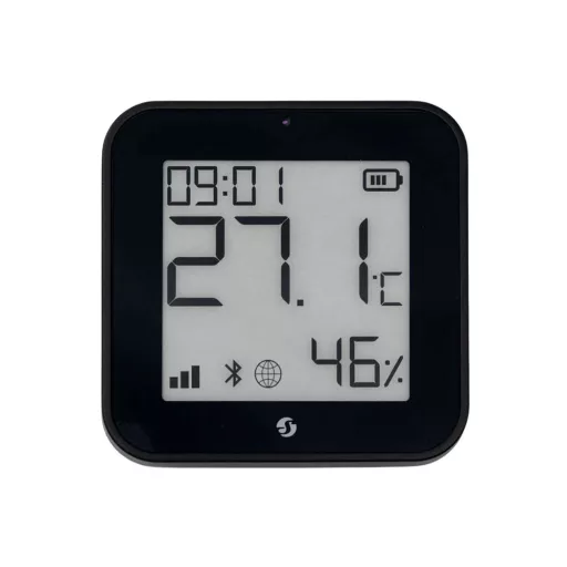 Shelly BLU H&T Display ZB – hőmérséklet érzékelő, pára és fény szenzor, e-papír kijelzővel, Zigbee, Bluetooth, fekete