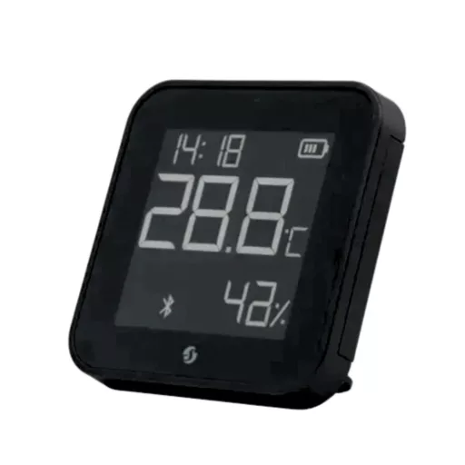 Shelly BLU H&T Display ZB – hőmérséklet érzékelő, pára és fény szenzor, e-papír kijelzővel, Zigbee, Bluetooth, fekete