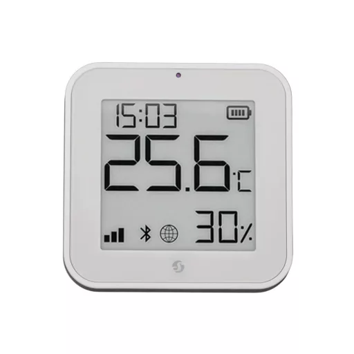 Shelly BLU H&T Display ZB – hőmérséklet érzékelő, pára és fény szenzor, e-papír kijelzővel, Zigbee, Bluetooth, fehér