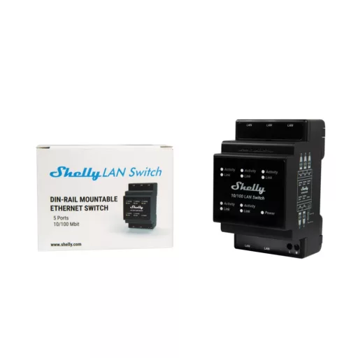 Shelly LAN Switch – Ethernet switch, DIN-sines, 5 RJ45 port, LED visszajelzők