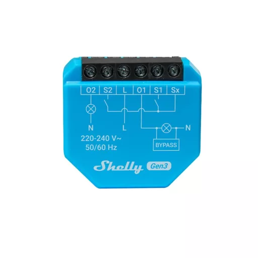 Shelly Plus 2L Gen3 – relé modul, 2 áramkörös, csak fázis, Wi-Fi, Bluetooth