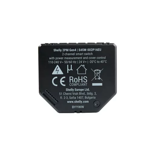 Shelly 2PM Gen4 – relé modul, 2 áramkörös, redőnyvezérlés, fogyasztásmérő, Wi-Fi, Bluetooth, Zigbee, Matter