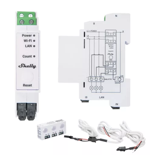 Shelly PRO 3EM 3CT63 – fogyasztásmérő, DIN-sínes, háromfázisú, Wi-Fi, Ethernet