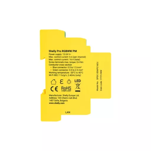 Shelly PRO RGBWW PM – RGBWW LED vezérlő, DIN-sínes, fogyasztásmérő, Wi-Fi, Ethernet