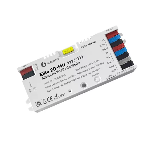 Gledopto Elite 2D-MU Advanced WLED Controller – kettő csatornás RGBIC LED vezérlő, mikrofonnal, USB-C, ESP32, Wi-Fi (GL-C-615WL)