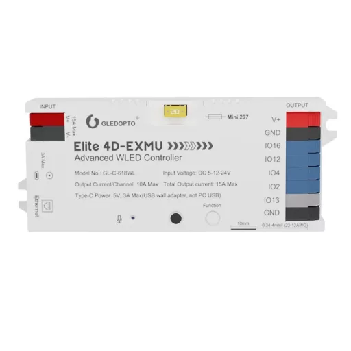 Gledopto Elite 4D-EXMU Advanced WLED Controller – négy csatornás RGBIC LED vezérlő, mikrofonnal, USB-C, ESP32, Wi-Fi, Ethernet (GL-C-618WL)