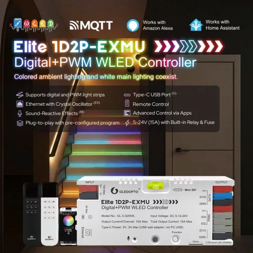 Gledopto Elite 1D2P-EXMU Digital + PWM WLED Controller – három csatornás led vezérlő, 1×RGBIC + 2×PWMLED, mikrofonnal, USB-C, ESP32, Wi-Fi, Ethernet (GL-C-620WL)