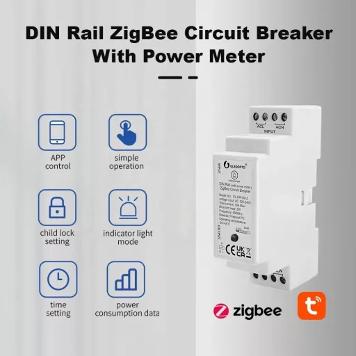 Gledopto GL-DR-001Z DIN Rail – relé modul, DIN-sínes, fogyasztásmérős, 16A, Tuya Zigbee