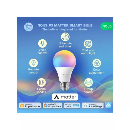 Nous P3 – RGB LED okos izzó, E27 foglalat, Tuya Wi-Fi, Matter