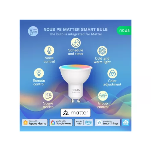 Nous P8 – RGB LED okos izzó, GU10 foglalat, Tuya Wi-FI, Matter