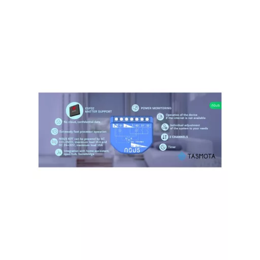 Nous B3T – relé modul, 2 áramkörös, redőny és motoros függöny vezérlő, fogyasztásmérős, Tuya Wi-Fi, Tasmota firmware, Matter
