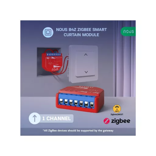 Nous B4Z – relé modul, 2 áramkörös, redőny és motoros függöny vezérlő, fogyasztásmérős, kapcsolóbemenettel, Tuya Zigbee