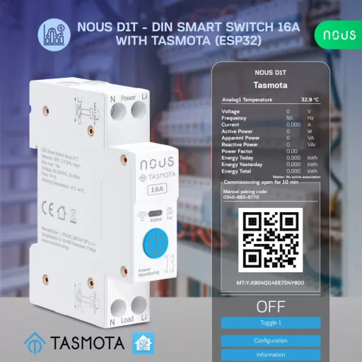 Nous D1T – relé modul, DIN-sínes, 16A, fogyasztásmérős, Tuya Wi-Fi, Tasmota firmware, Matter