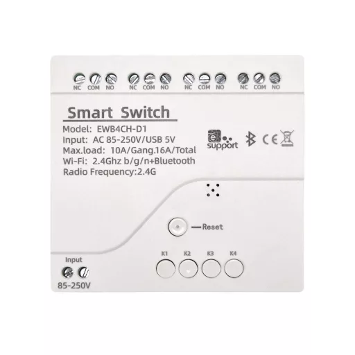 SmartWise 85V-250V – okos relé modul, 4 áramkörös, AC, NO/NC, Wi-Fi, Bluetooth, védőtokban