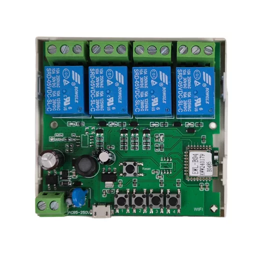 SmartWise 85V-250V – okos relé modul, 4 áramkörös, AC, NO/NC, Wi-Fi, Bluetooth, védőtokban