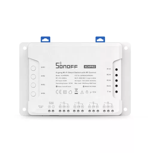 Sonoff 4CH PRO R3 – okos relé modul, 4 áramkörös, impulzuskapcsolással, NO/NC, DIN-sines, Wi-Fi, RF 433 MHz (4CHPROR3)