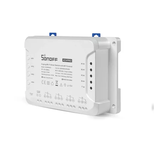 Sonoff 4CH PRO R3 – okos relé modul, 4 áramkörös, impulzuskapcsolással, NO/NC, DIN-sines, Wi-Fi, RF 433 MHz (4CHPROR3)