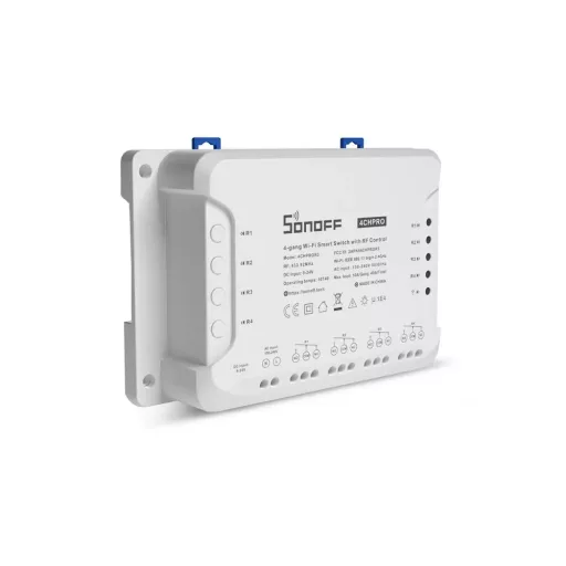 Sonoff 4CH PRO R3 – okos relé modul, 4 áramkörös, impulzuskapcsolással, NO/NC, DIN-sines, Wi-Fi, RF 433 MHz (4CHPROR3)