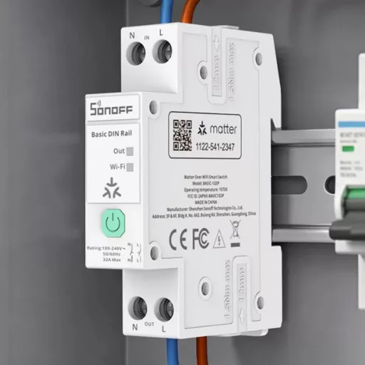 Sonoff Basic DIN Rail – relé modul, fogyasztásmérős, DIN-sínes, 32A, Wi-Fi, Bluetooth, Matter (BASIC-1GSP)